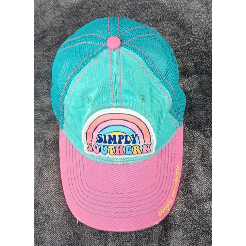 Simply‎ Southern Hat Womens Adjustable Pink Green Mesh Rainbow Snapback Logo